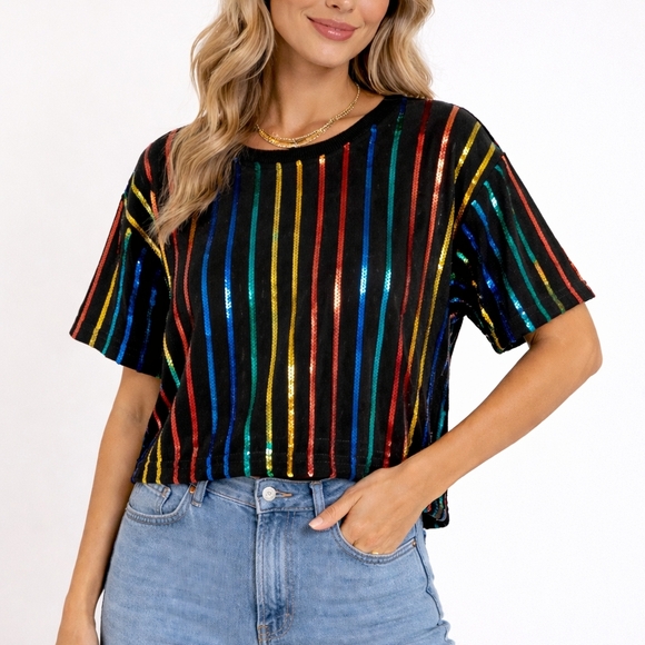 Main Strip Tops - Mainstrip Black Multicolor Sequin Stripe Boxy Cropped Top Size M Party Shirt
